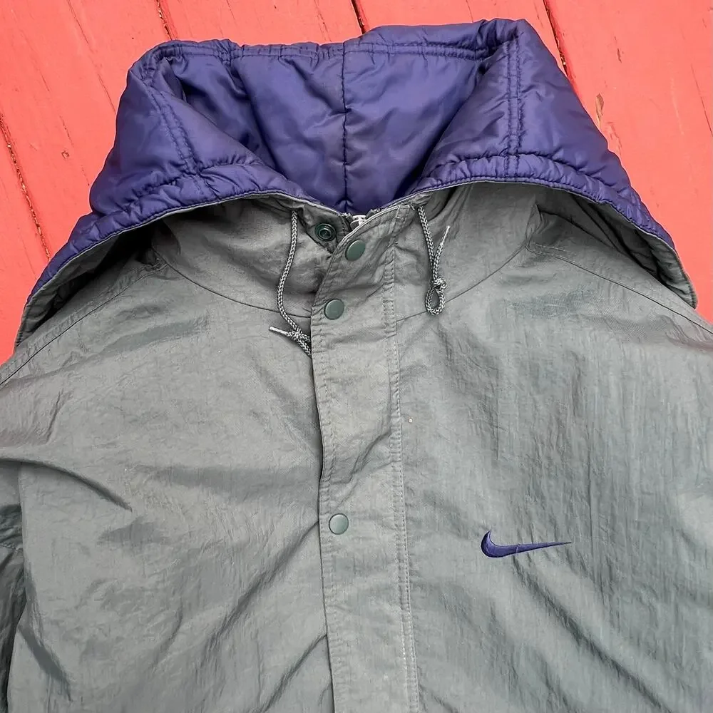 Vintage Nike Swoosh Split Hooded Long Puffer Jacket Parka Coat Green Navy L 90s